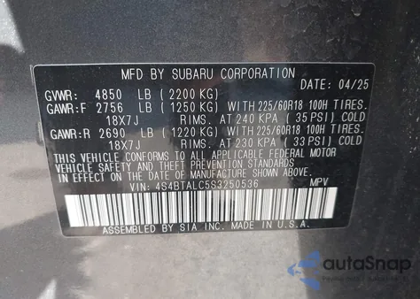 2025 Subaru Outback Onyx Edition z USA, uszkodzony, nr VIN 4S4BTALC5S3250536